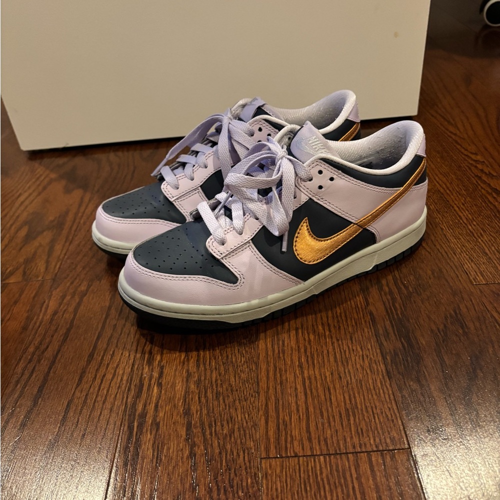 Nike Dunk Low in Lavender and Metallic Gold (Boy 5.5/Women’s 7)
